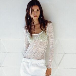 Zara little bow lace bodysuit, long sleeve, semi-sheer, XL white